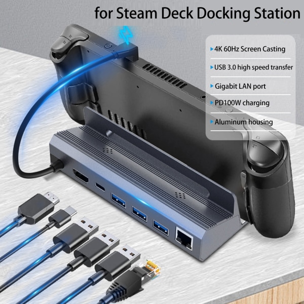 for Steam Deck Dock Stand 6 i 1 4K 60HZ USB3.0 Hub Gigabit Nettverk Port Spillkonsoll Expander Dokkingstasjon