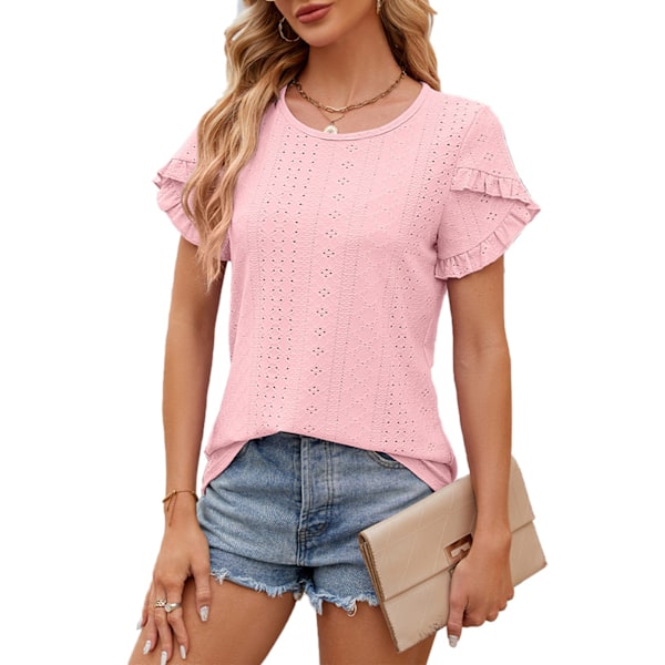 Dam Rundhalsad Topp Kort Blomblad Ärm Lös Passform Sommar T-shirt för Vardagsbruk Rosa XL