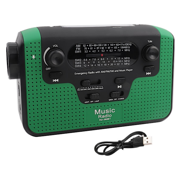 FM/AM/SW Solcelledrevet Radio med Håndsving, Minnekort, Musikk for Bluetooth Håndfri Samtale Solcelledrevet FM-radio Grønn