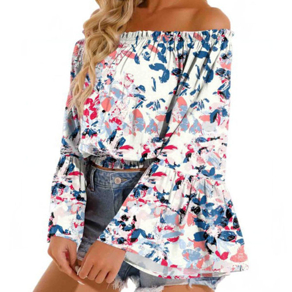 Dam Off Shoulder Topp Casual Utsvängd Långärmad Volang Blus Rynkad Lös Elegant Skjorta Vit Botten Blå Färgmönster S