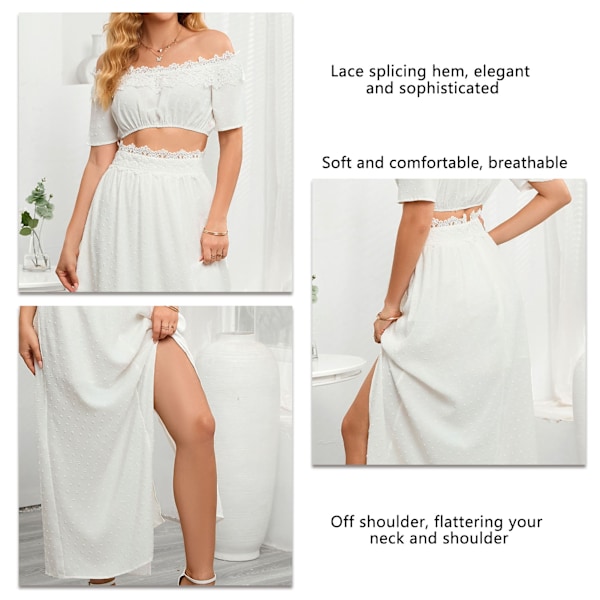 2 st Kvinnliga Set Spetsdetaljer Off Shoulder Kortärmad Topp Lårhög Slitskjol Vit S
