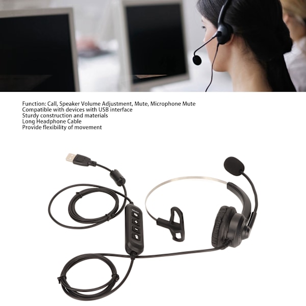 USB Business Headset Støjreduktion Enkeltsidet Øretelefon Understøtter Opkald Højttaler Volumenjustering Mikrofon Lydløs