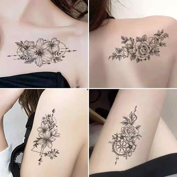 60 st Tillfälliga Tatueringar för Kvinnor Flickor - Svarta Skiss Fjärilar Blommor Fjädrar Djur, Fake Tatueringar Inkbox Tillfällig Tatuering Stick on Tatueringar för