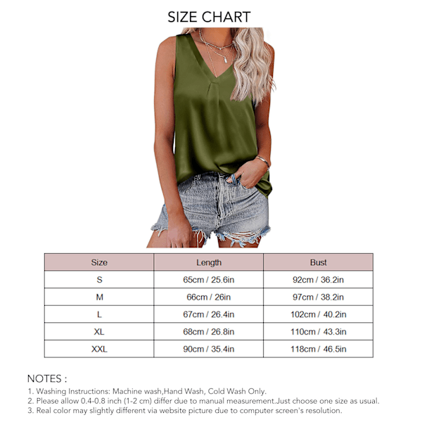 Dam V-ringad Tank Top Enfärgad Satinfinish Trendig Ärmlös Satin Enkel Topp Olivgrön L
