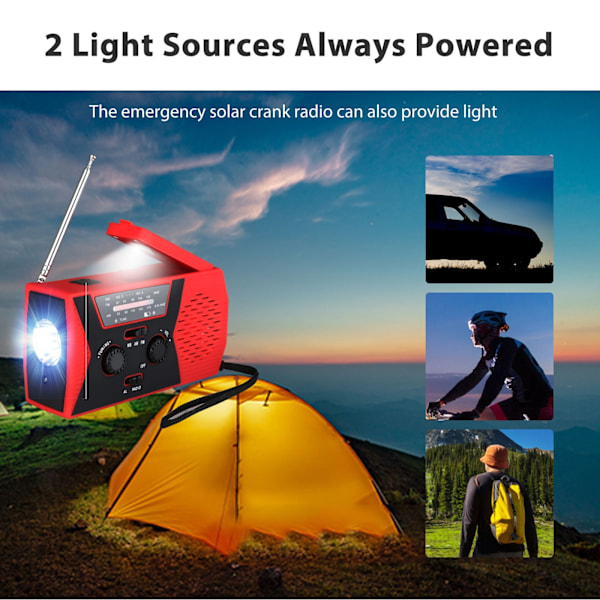 Solardriven väderradio, handvevad självdriven nöd-FM/AM-radio bordslampa LED-ficklampa med 2000 mAh uppladdningsbart batteri och karbinhake för hemmet