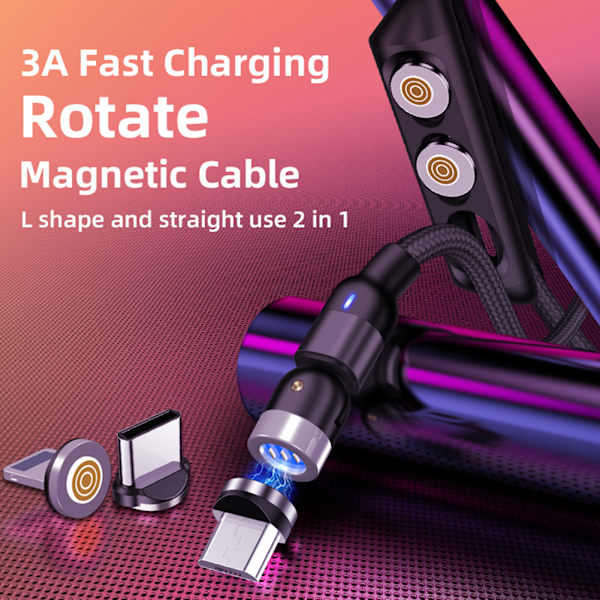 Magnetisk laddningskabel 3 i 1 Magnetisk kabel 360°+ 180° roterande laddningskabel Nylon flätad magnetisk kabel