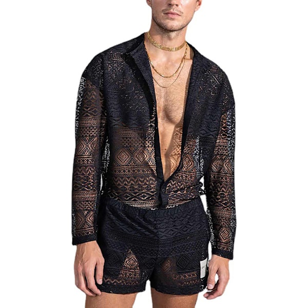 Herr Skjortset med Spets Blommig Långärmad Enfärgad Andningsbar Casual Ihåliga Shorts Set för Män Svart S