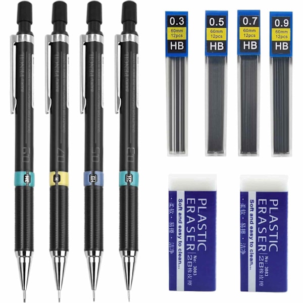 Mekaniskt Pennset, 0.3 0.5 0.7 0.9mm HB Mekanisk Penna Automatisk Penna Stiftpenna Arkitektur Tryckpenna med Suddgummi Pennstift