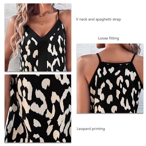 Dam V-ringad Tank Top Spaghettiband Leopardtryck Lös Passform Sommar Ärmlös Väst Svart M