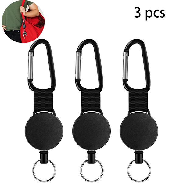 3 stk. Retractible nøglering Retractible badgeholder Reel Clip  Badgeholder med stålwire reb