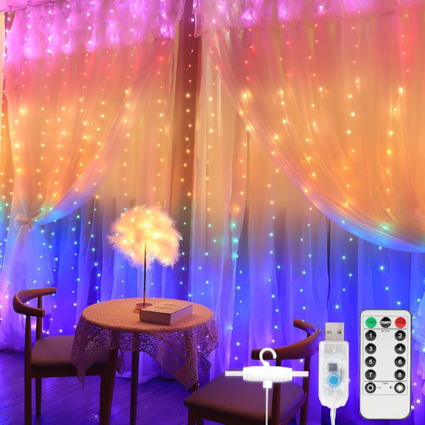 Led-ljusslinga, ljusgardin 300 lysdioder Usb-gardinljusslinga med fjärrkontrolltimer för dekorativ inomhusbelysning fyra färger