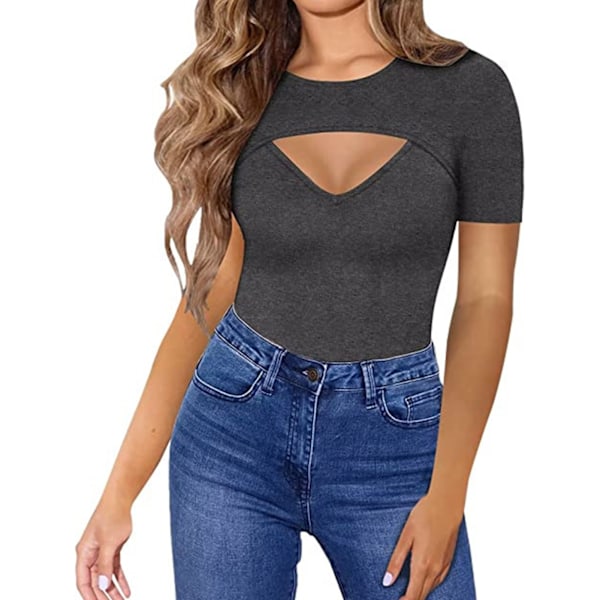 Dam Utskuren Framtopp Kortärmad Bodycon Slim Fit Enfärgad Andningsbar Pullover T-shirts Mörkgrå L