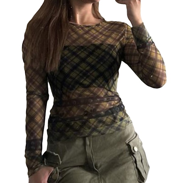 Damtopp Lång Böjd Ärm Rund Hals Blus Slim Fit Elastisk Midja Topp Rutig Mesh Pullover Färgrik L