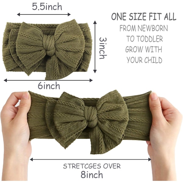 Bedårande hårband för flickor, mjuk nylon för känslig hud, stretchigt pannband med kabelstickade rosetter, justerbar passform för växande bebisar (6-pack)