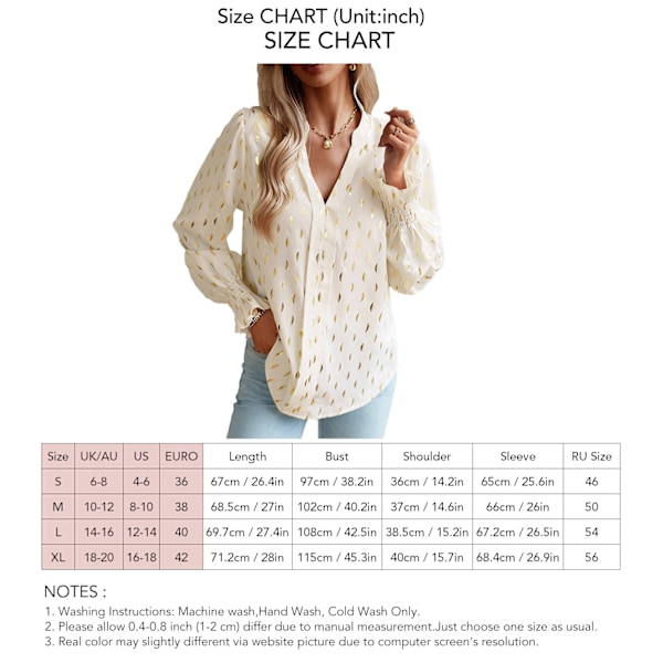 Dam Lång Puffärm Blus V-ringad Rynkad Manschett Gyllene Prickar Elegant Casual Pullover Topp Aprikos XL