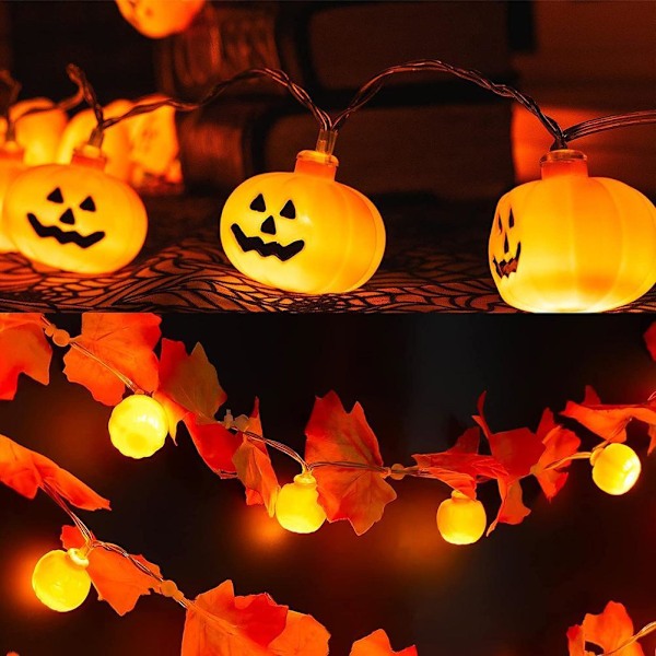 Vattentäta Utomhus Ljusslingor, Dekorativa Höstljusslingor för Thanksgiving & Halloween Dekor, Lönnlöv & Pumplampor med Varmvitt LED