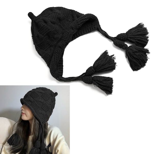 Hand Knit Tassel Hat Comfortable Windproof Warm Winter Knit Earflap Cap for Autumn Winter Black M (56-58cm / 22-22.8in)