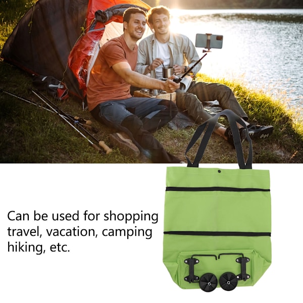 Bærbar handlevogn sammenleggbar bag stor kapasitet glidelåsdesign med hjul for camping grønn