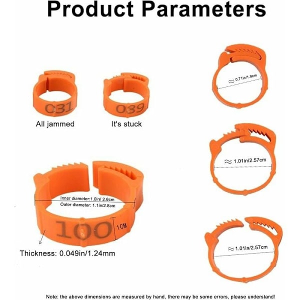 Hönfotsringar för vuxen fjäderfä, Clip-on typ ring som säkerställer enkel identifiering med numrerade plastfågelbensband för kycklingar, ankor och höns