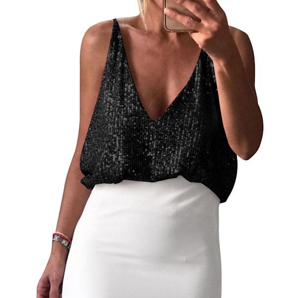 Dam Camisole Topp Paljetter V-ringning Rund Hals Framsida Baksida Bekväm Ärmlös Camisole Topp Svart L