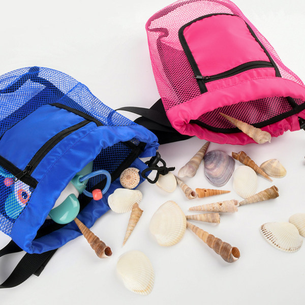 2-pakning Strand Mesh Bag Seashell Bag Strandleketøy Bag med Glidelås Lomme Justerbare Stropper Shell Vesker for Barn Snøring Oppbevaringspose