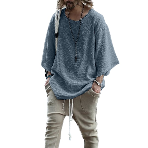 Lös Topp Långärmad Enfärgad Rund Hals Casual Bekväm Polyesterfiber Herr Pullover Topp för Utomhus Inomhus Blå M