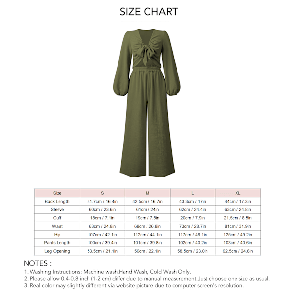 Kvinners 2-delte antrekk V-hals slips foran lang puff erme topp elastisk høy midje vide ben bukser for arbeid ferie hærfarge grønn S
