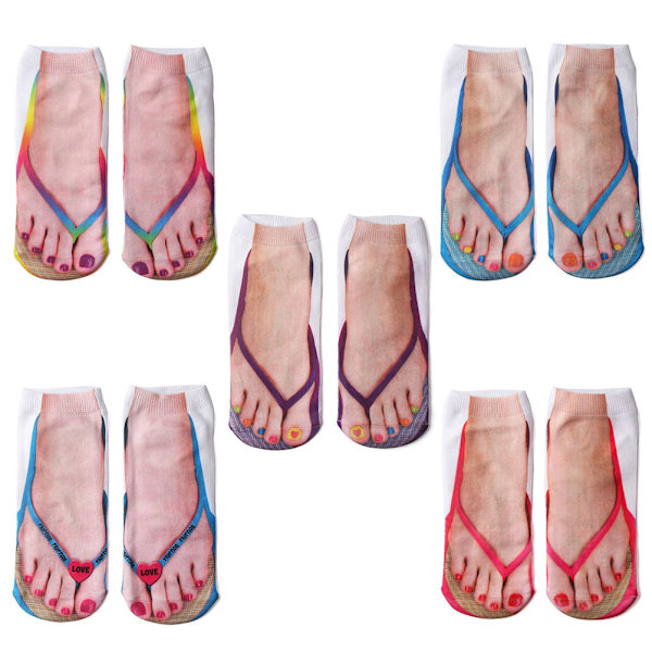 5 par manikyrs tryckta strumpor flip flop tryckta strumpor 3D mönster strumpor casual personliga flip flop strumpor låga ankelstrumpor