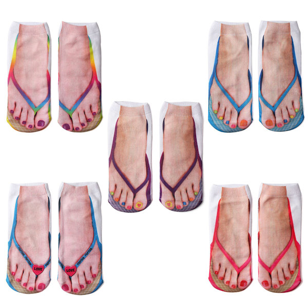 5 par manikyrs trykte sokker Flip Flop trykte sokker 3D mønster sokker Casual personlige Flip Flop sokker lavt kuttede ankelsokker