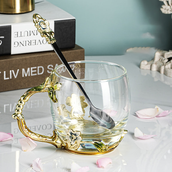 Personlig Presentidé Elegant Blomstertekopp, Hälsosamt Blyfritt Glas med Matchande Sked, Lämplig för Varma Kalla Drycker, 33 cl