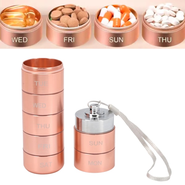 Metal Weekly Travel Medicine Organizer Portable Waterproof 7 Days Aluminum Alloy Tablets Box with Lanyard Rose Gold