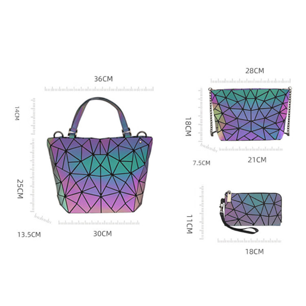 3 st/set PU Geometrisk Luminous Axelväska Crossbody Väska för Kvinnor