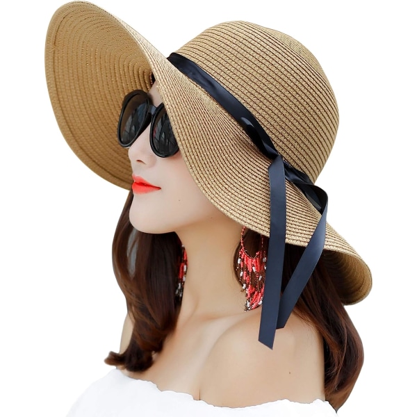 Dame Bredskygget Solhat i Halm, Floppy Foldable Roll up Cap Su