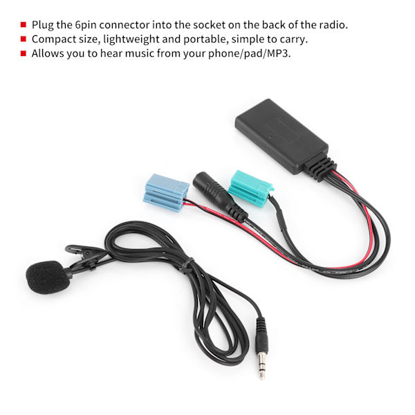 6-polet Bluetooth-lydkabel til bilstereo AUX-IN-adapter med mikrofon, der passer til Clio/Espace/Megane