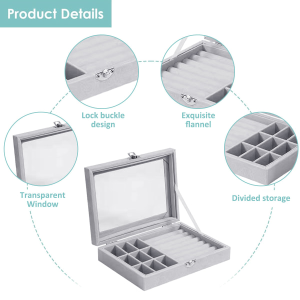 2 in 1 Korurasia Sormus Korvakorut Järjestäjä Pidike Pinoamaton Näyttövitriini Lukittava Korujen Säilytysalusta Lahjat Tytöille Naisille, 20x15x5cm