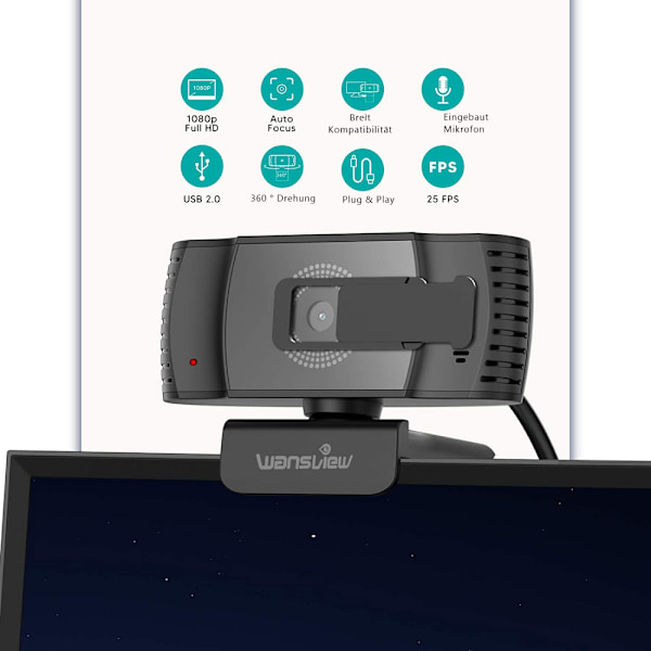 Wansview webbkamera med mikrofon, 1080P autofokus webbkamera för PC och bärbar dator med lock, USB 2.0 Plug & Play, för livestreaming, Zoom, videosamtal,