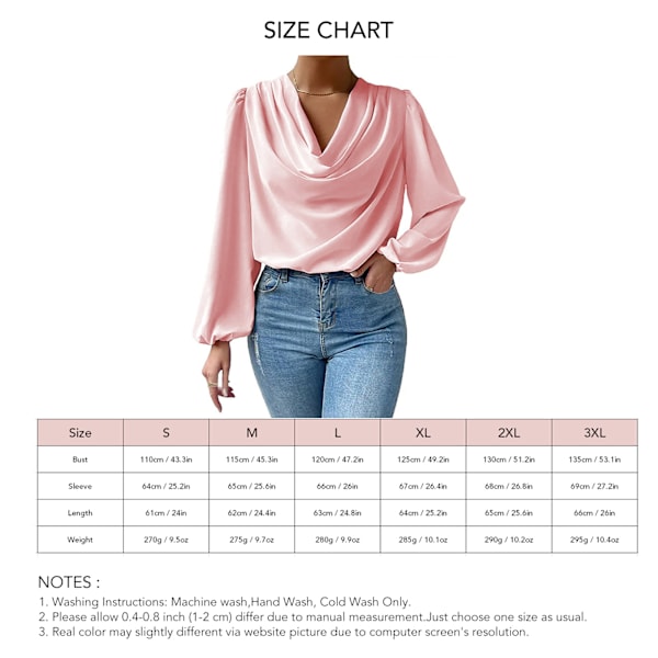 Dam Draperad Krås Krage Långärmad Skjorta V-ringad Enfärgad Topp Mode Puffärm Topp Rosa 3XL