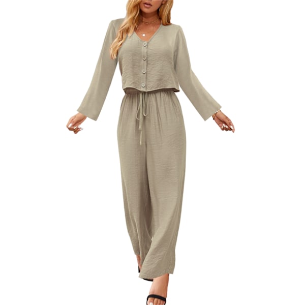 Dam Topp Byxor Kostym Långärmad V-ringad Knäppning Dragsko Tvådelad Outfit Khaki 3XL