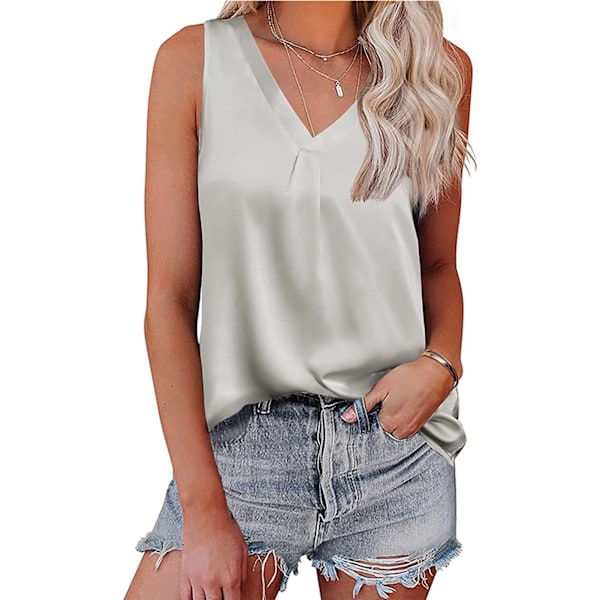 Dam V-ringad Tank Top Enfärgad Satinfinish Trendig Ärmlös Satin Enfärgad Topp Ljusgrå XL