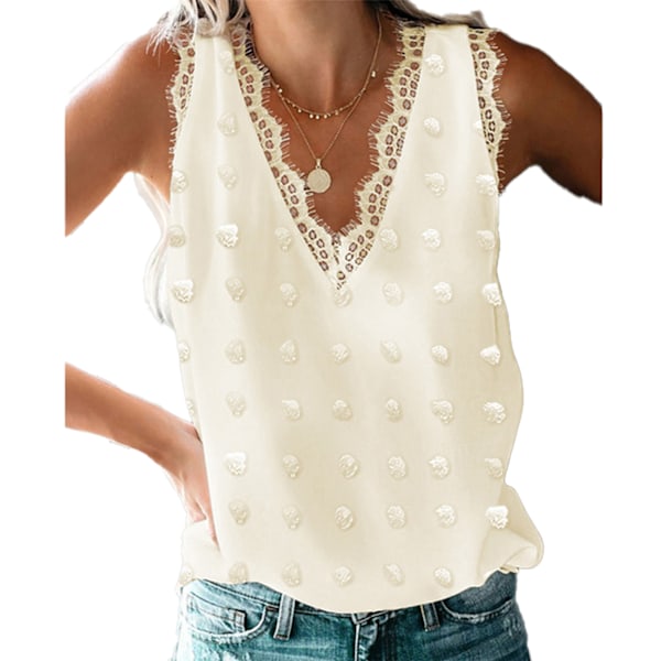 Dam Spets V-ringad Tanktopp Sommar Mode Prickig Jacquard Dam Sommar Ärmlös Blus Topp för Daglig Dejt Resa Fest Aprikos XXL