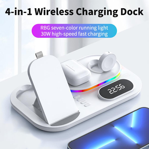 Trådlös laddningsstation 4 i 1 Snabbladdningsstation Trådlös laddare Stativ Kompatibel för IPhone 13 12 3 2 Pro IWatch 7 6 5 SE 4 3 2 1 för Samsung