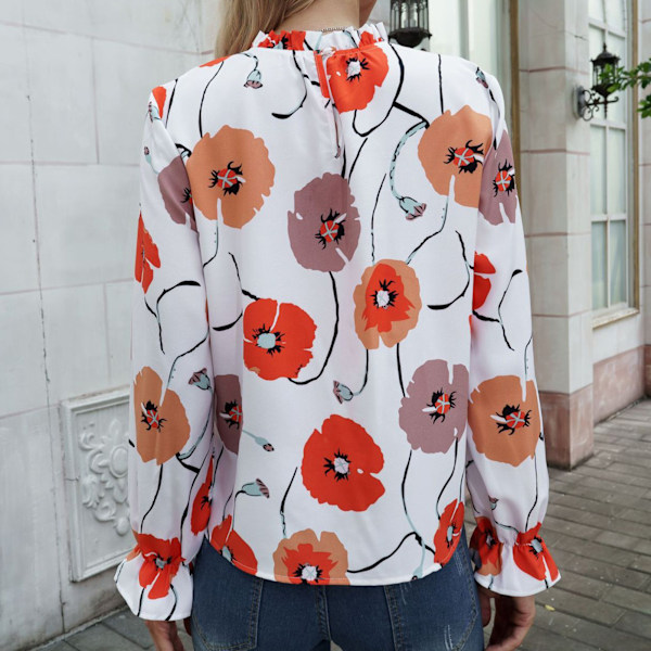 Dam Långärmad Tröja Rund Hals Klockärm Tröja Blommig Tryckt Tröja Lös Trendig Topp Vit S