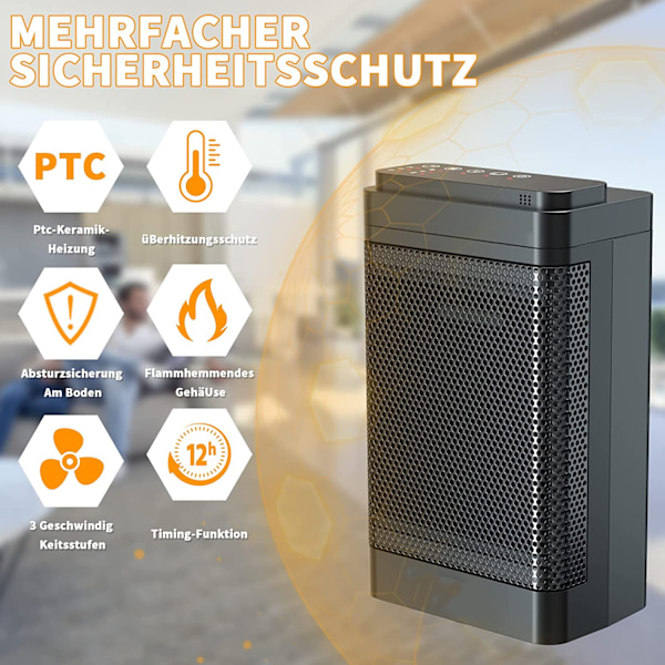PTC Keramisk Radiator, Inomhusvärmare för Snabb Uppvärmning, Oscillerande med Termostat, Tyst Drift, Säker för Sovrum, Kontor, 24-Timmar