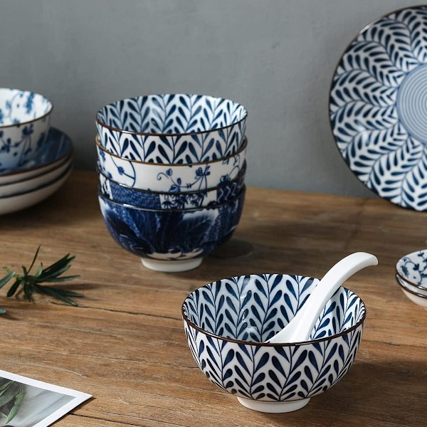 1 Set Keramiska Skålar, Japansk Stil Risskålar, Förtjockande Blå och vit porslinsskålar, Flingor Skålar för Kök, Lämplig för mikrovågsugn, ugnar, Style 1