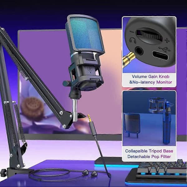 RGB USB Kondensor Gaming Mikrofon Dator Professionell Mikrofon Telefon Inspelning Streaming Podcasting