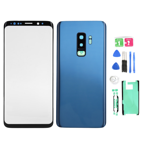 Telefon Bakre Bakglass Deksel Front Skjerm Glass Linse Erstatningssett for Samsung S9+ G965(Blå )