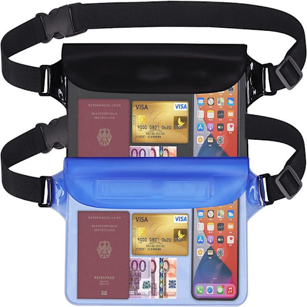 2-pack transparenta vattentäta påsar med justerbar vattentät väska, IP68 vattentät telefonväska, vattentät midjeväska för strand, vattensporter, simning,