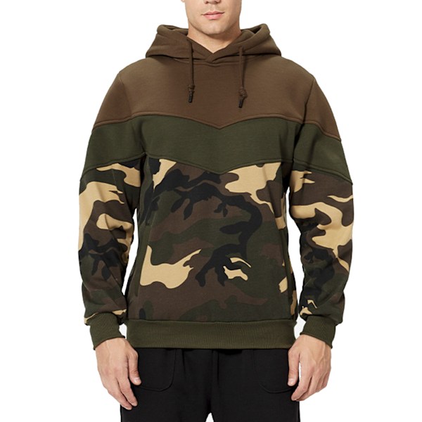 Färgad herrhoodie med fickor, dragsko, ribbade muddar och fåll, långärmad bekväm hoodie, kamouflage kaffe M