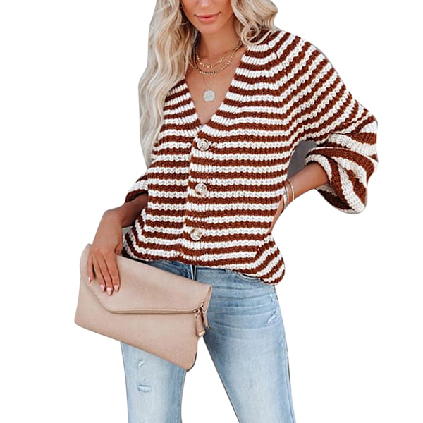 Damrandig Stickad Blus Knäppning V-ringad Stickad Topp Långärmad Casual Randig Blus Brun XL