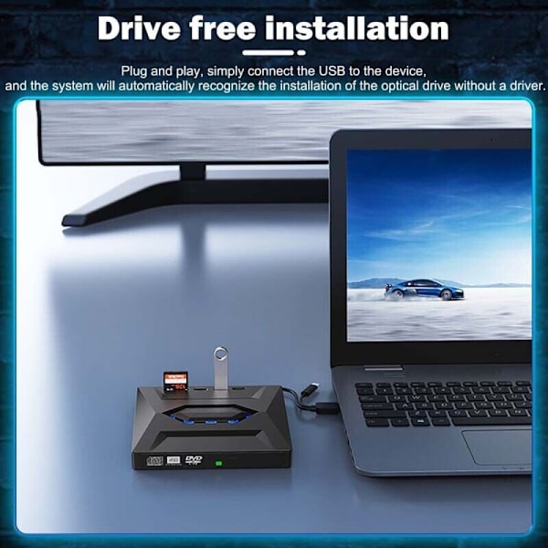 Bärbar Cd/Dvd-brännare, HD-bränningsteknik med 4-portars USB 3.0-hubb SD-kortläsare TF-kortläsare, kompatibel med Windows 11/10/8/7, Linux, Mac